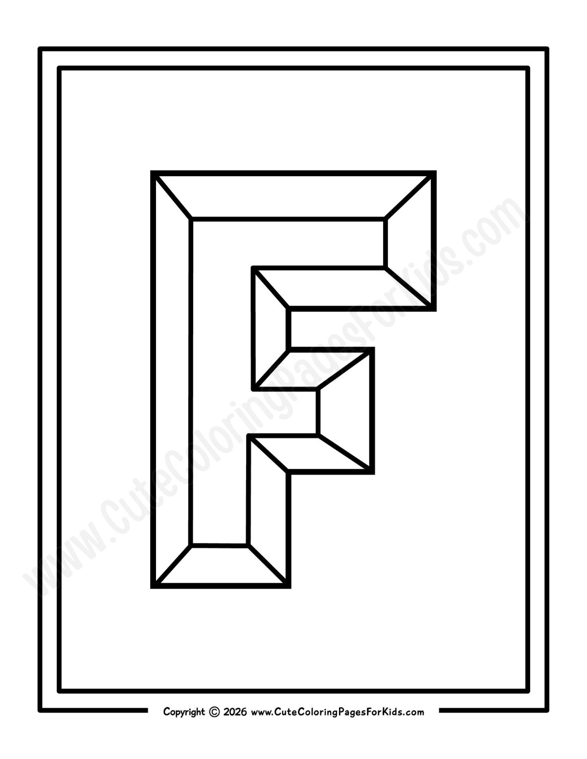 black and white line drawing of a faceted Letter F for kids to color