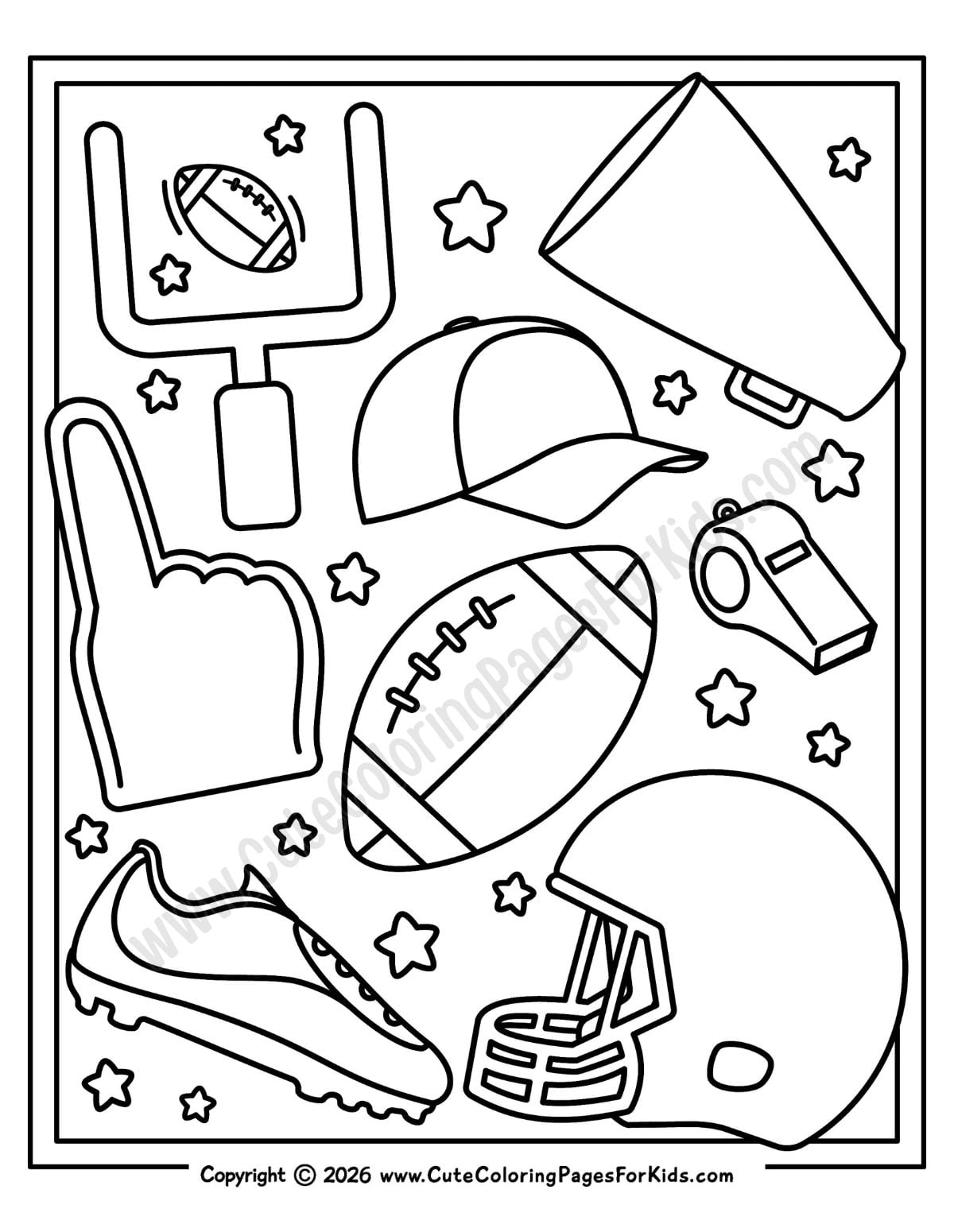 Football gear coloring sheet with helmet, footballs, whistle, cleat, foam finger, megaphone, and field goal