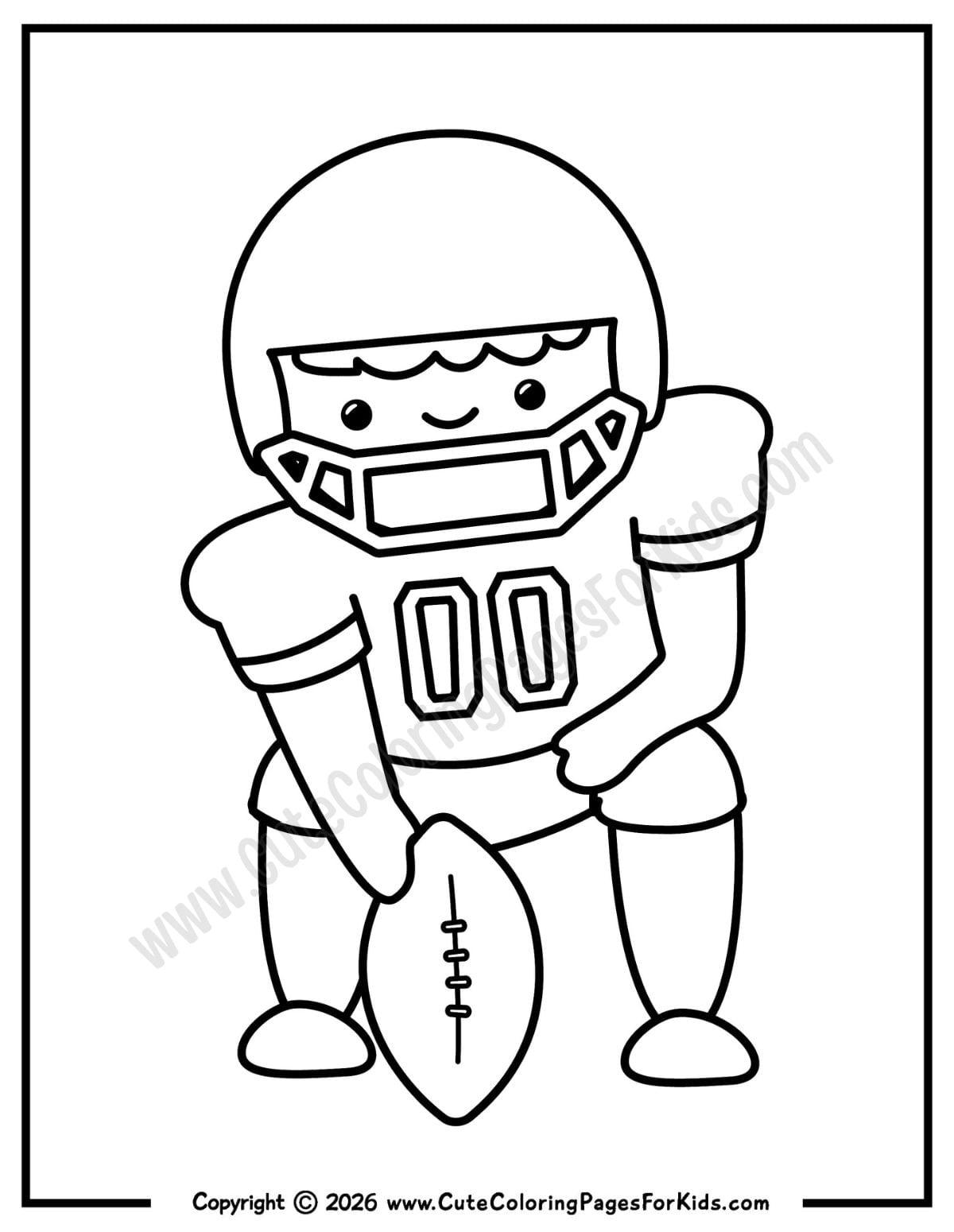 football player coloring sheet with simple line drawing of a football player in position to snap the football
