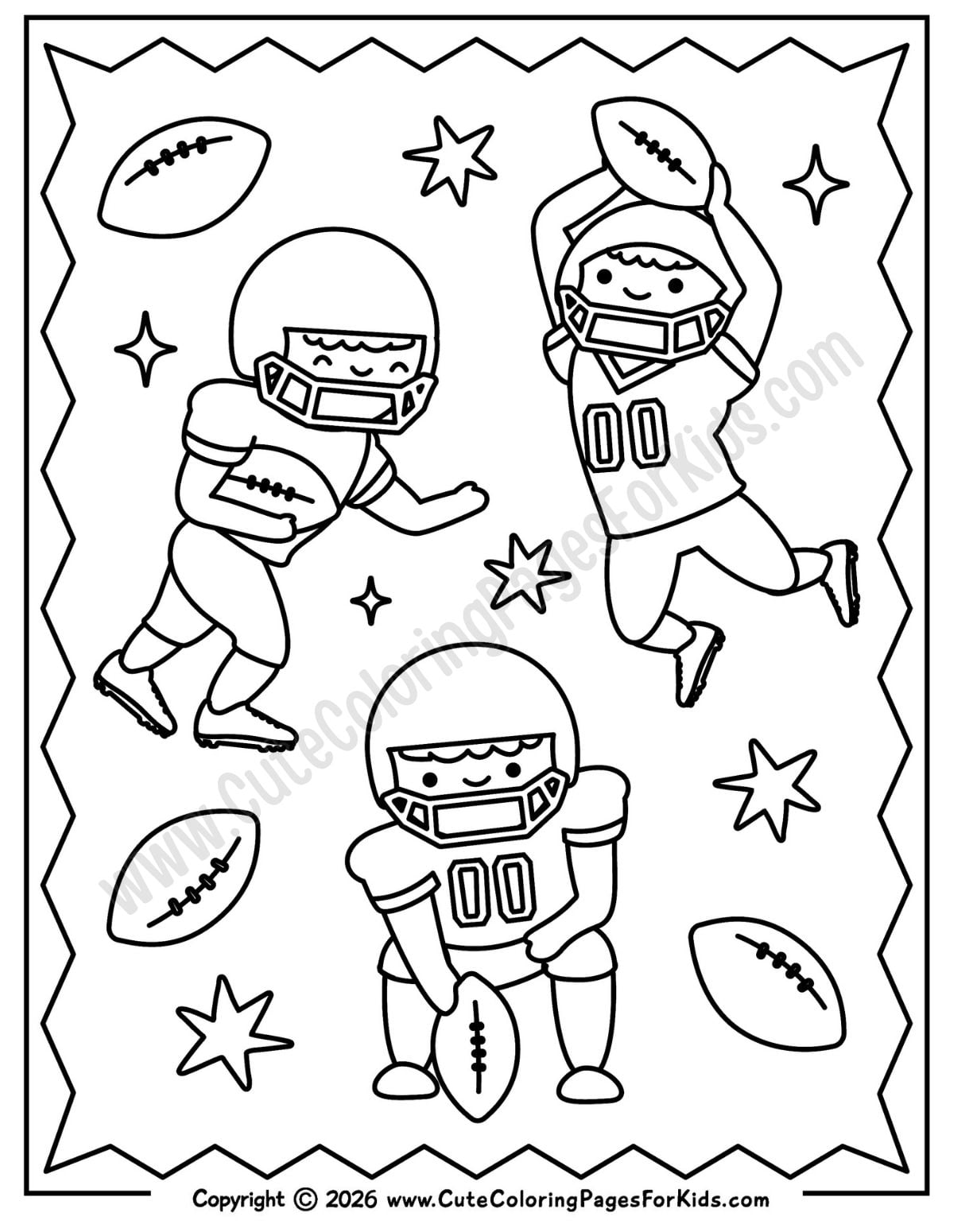 Football coloring page with cute illustrations of 3 football players in different poses