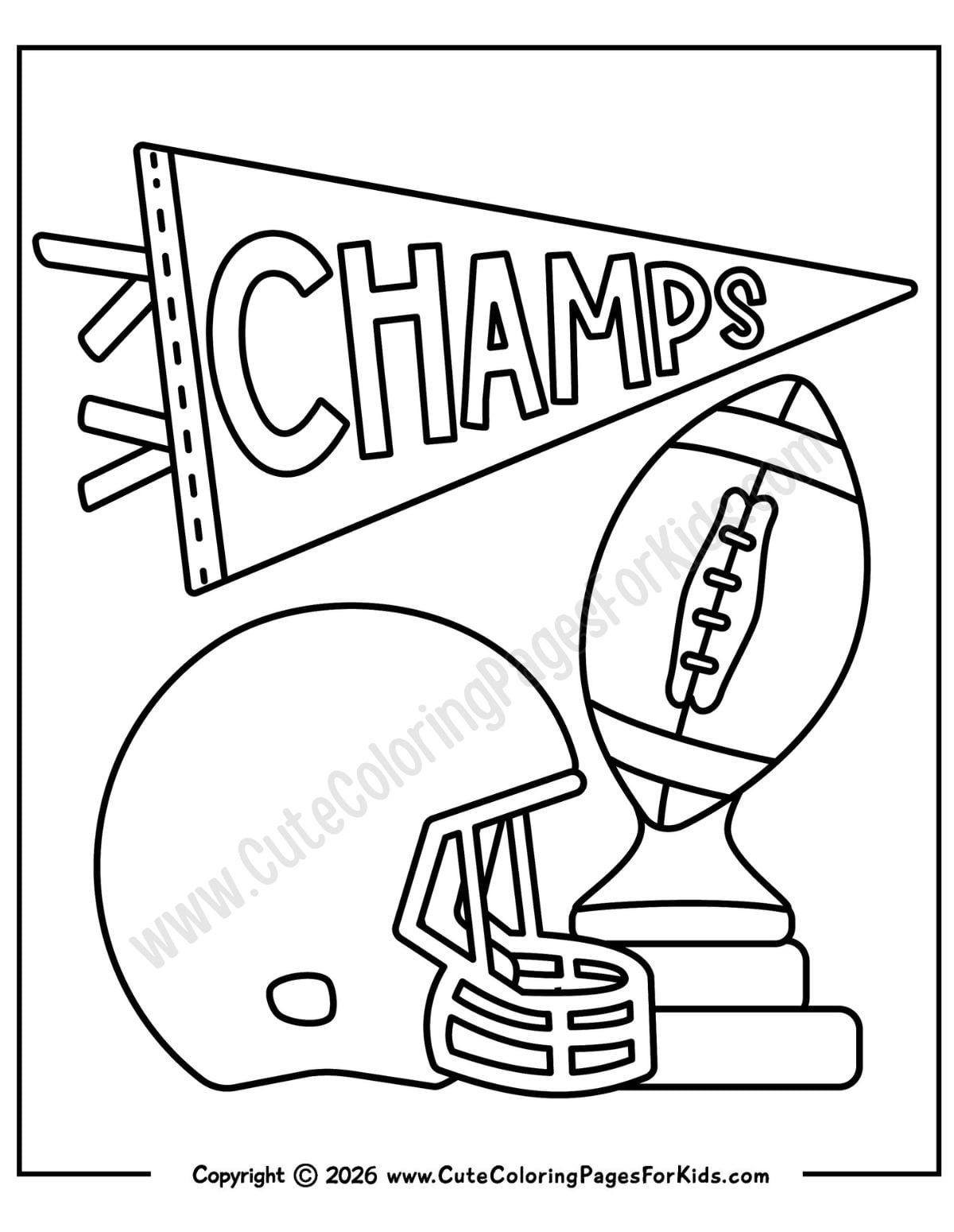 Football champs coloring page with a pennant, football trophy and helmet to color