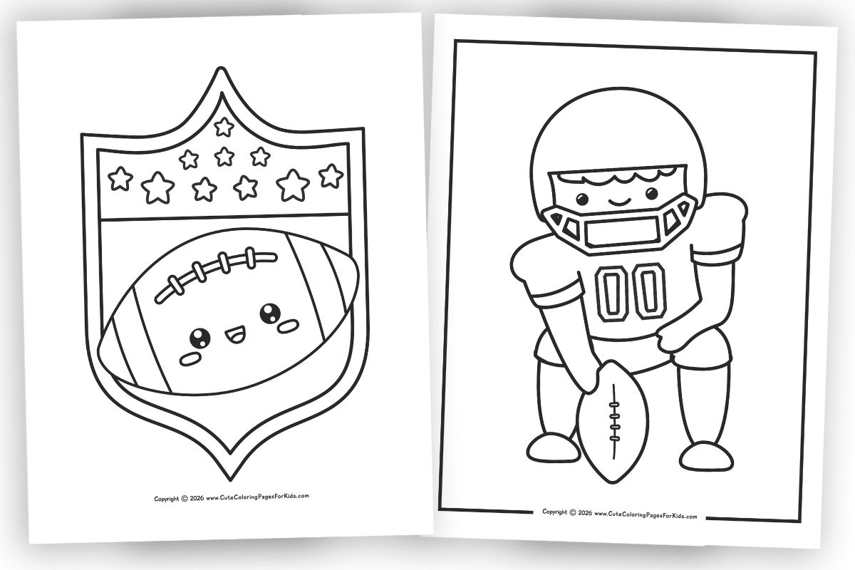 Preview of free football coloring pages featuring a kawaii football illustration and a simple picture of a football player to color