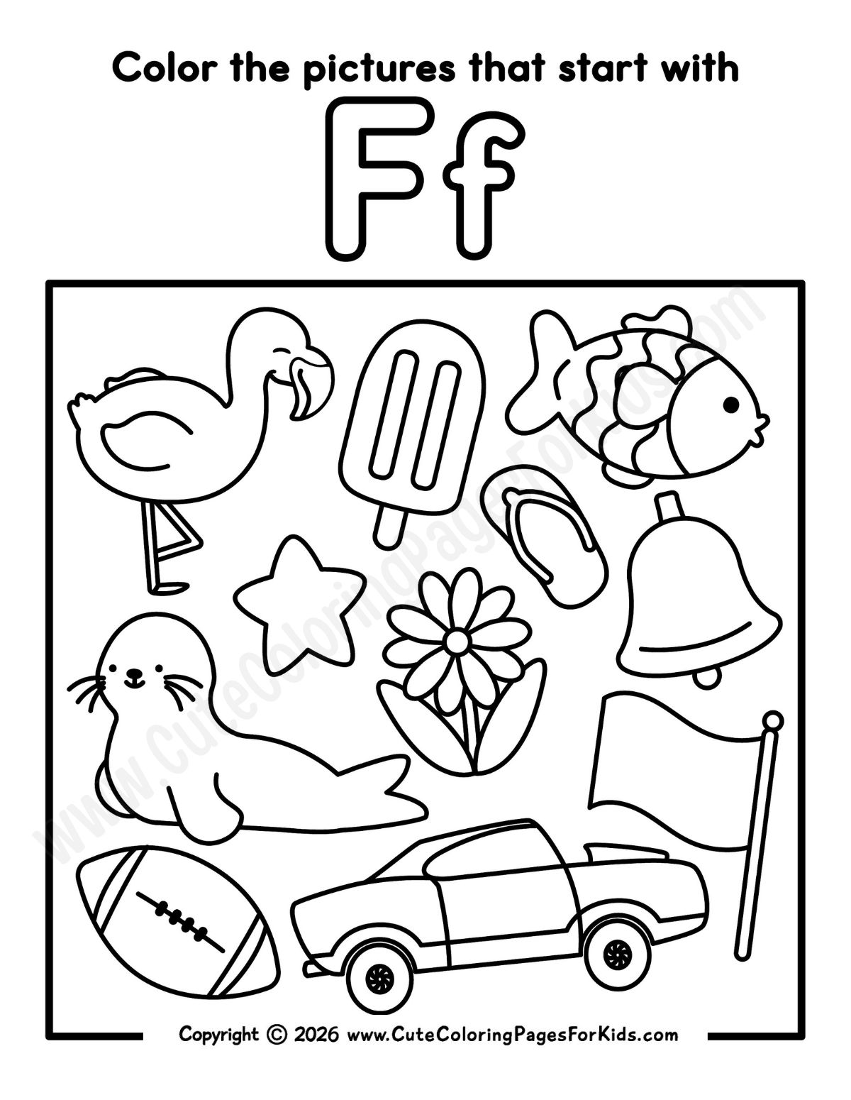 Letter F coloring activity sheet for kids to find objects that start with F