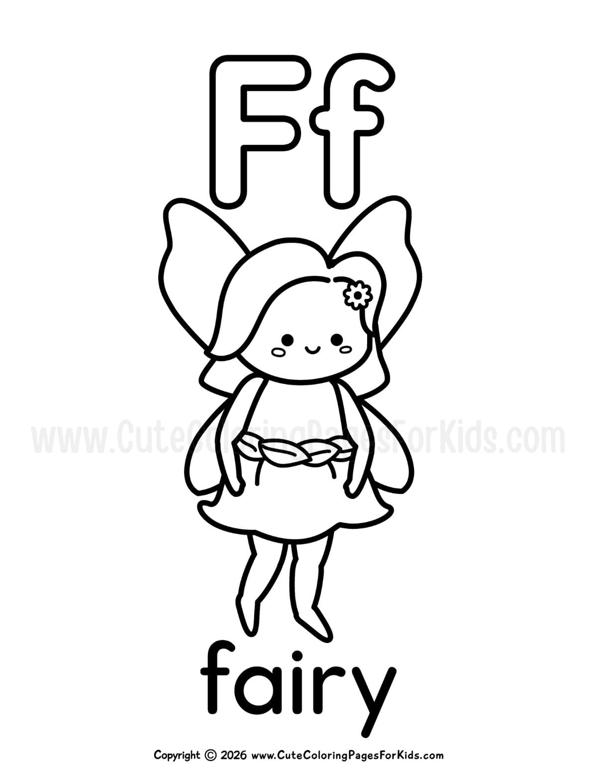Letter F coloring sheet with a line drawing of a fairy