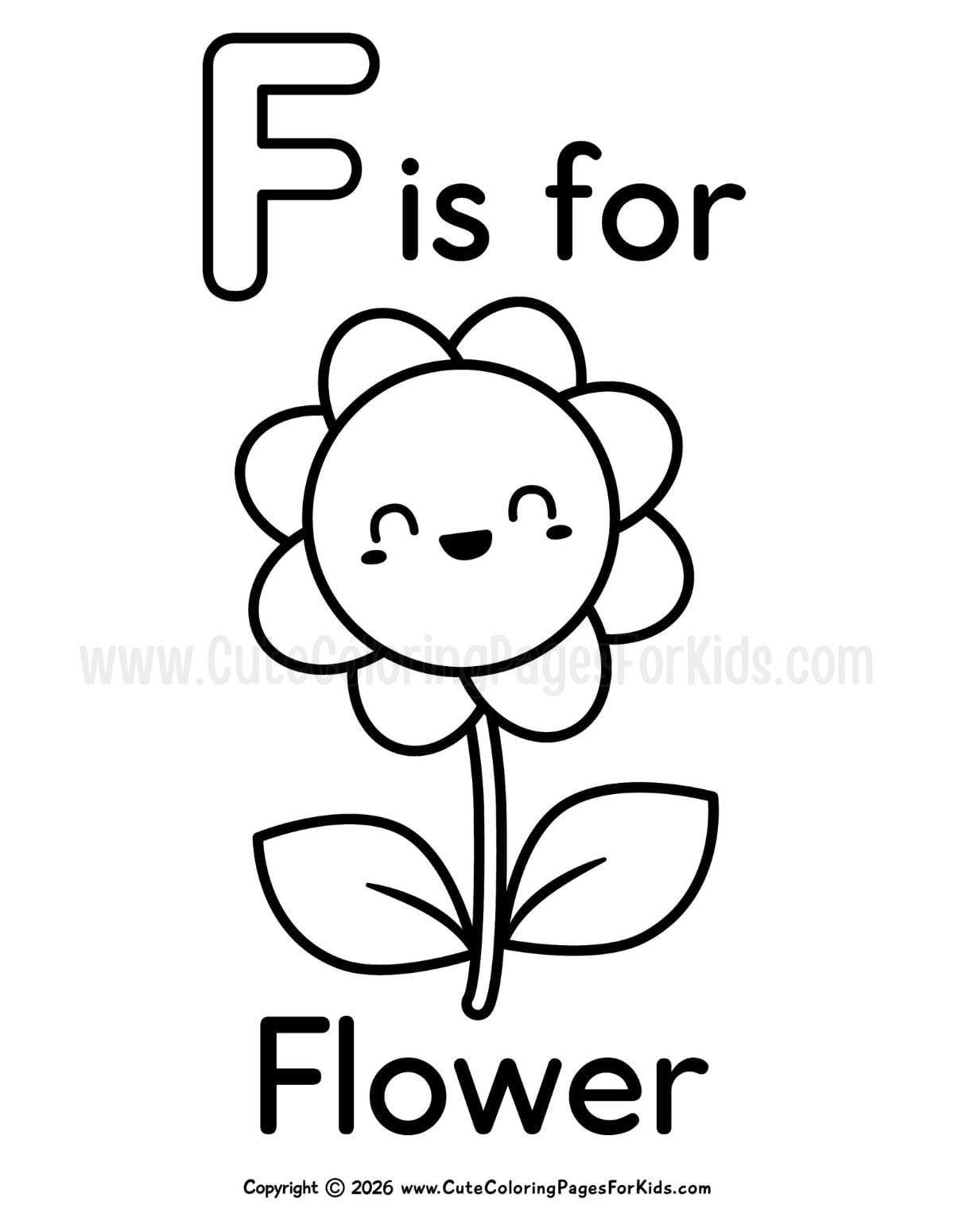 F is for Flower coloring page with cute line drawing of a smiling flower