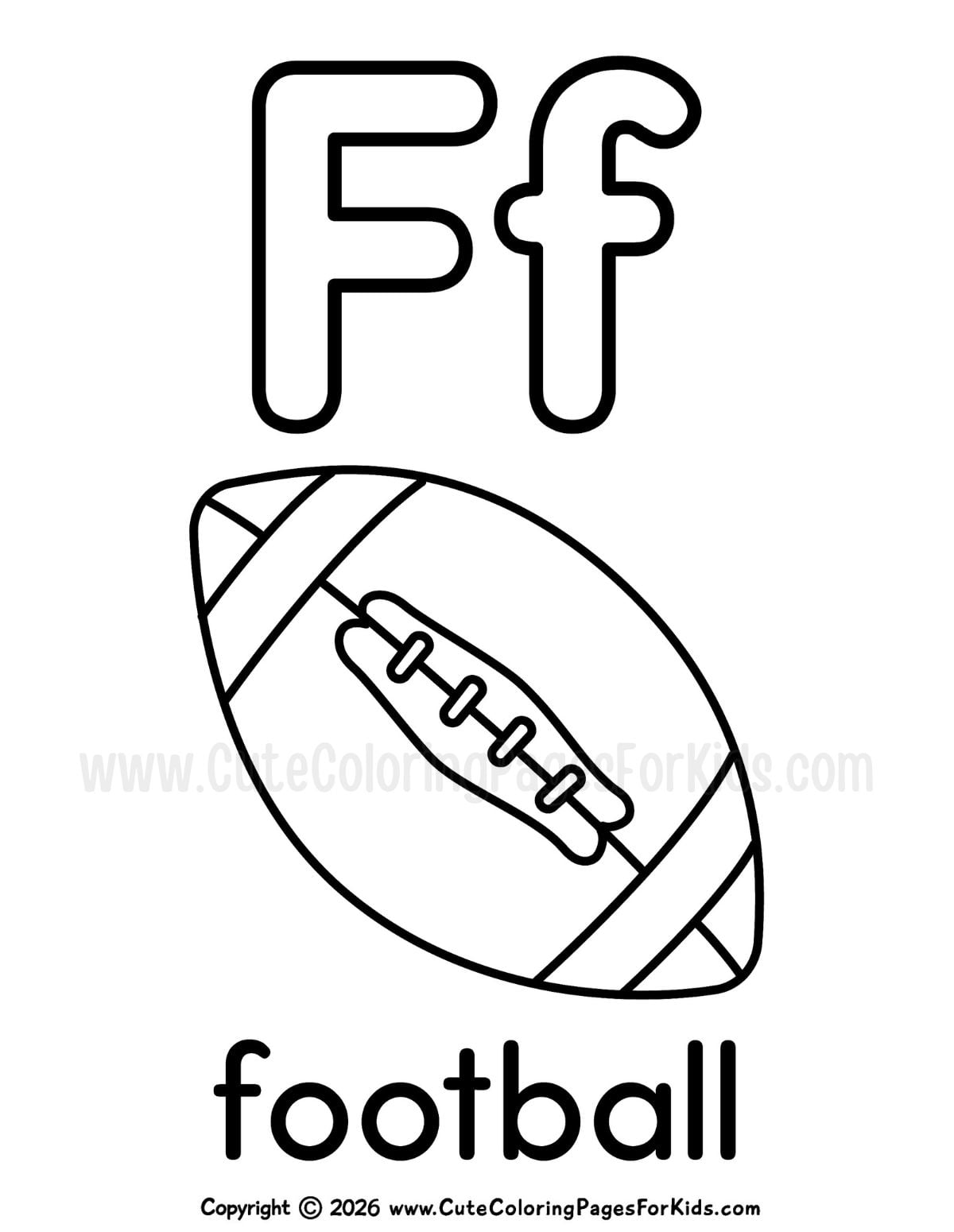 coloring page with uppercase and lowercase F and a line drawing of a football