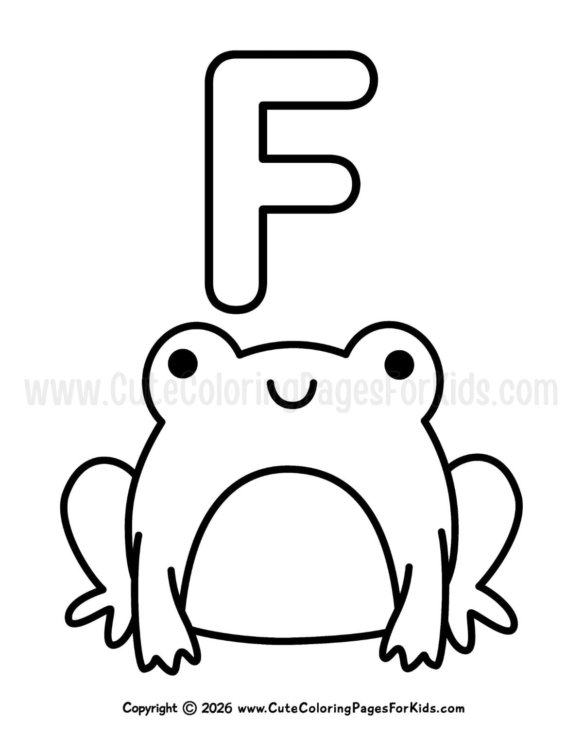 coloring page with line drawing of a cute frog and an uppercase letter F