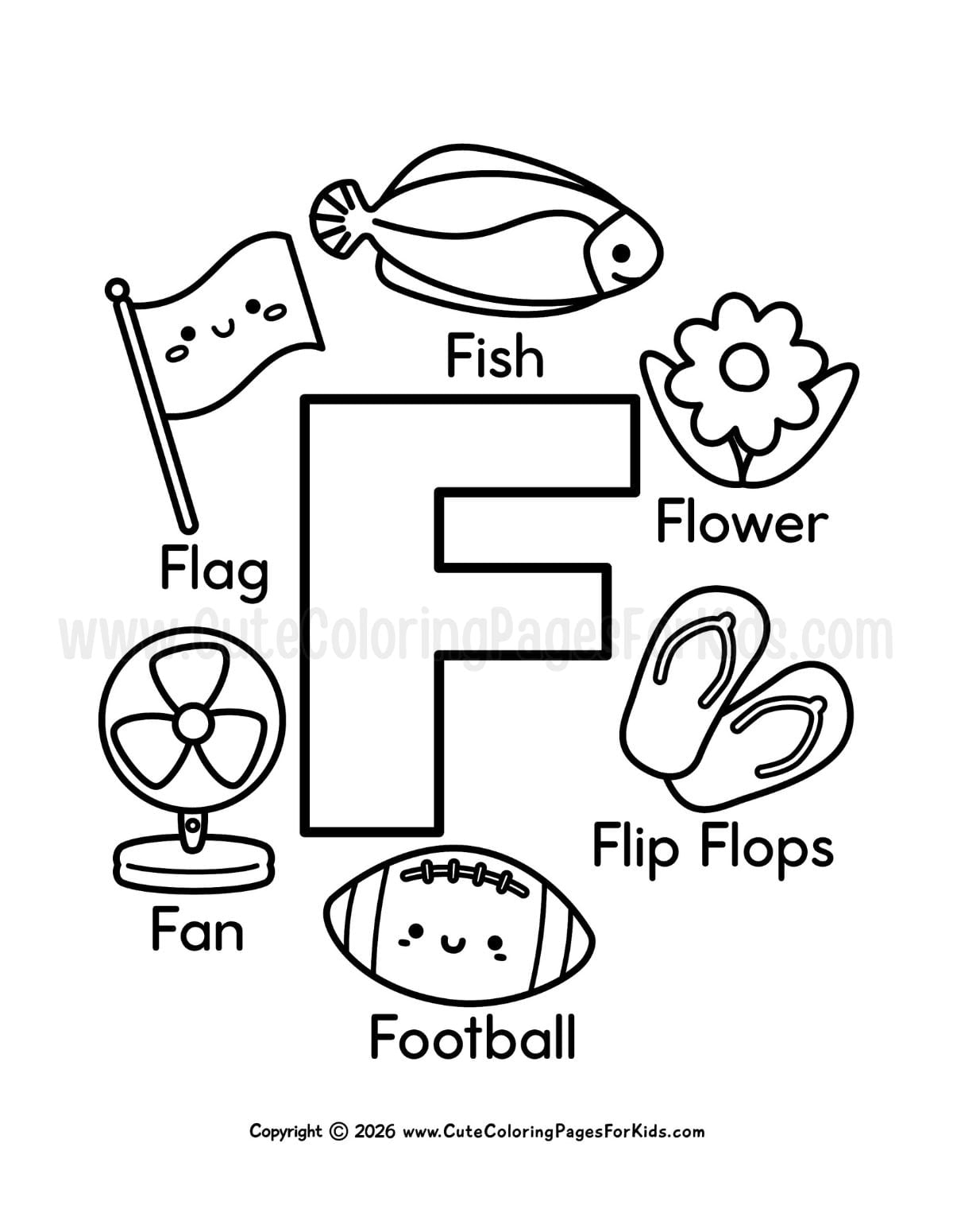 coloring page with big F and F-themed objects surrounding it (fish, flower, flip flops, football, fan, and flag)
