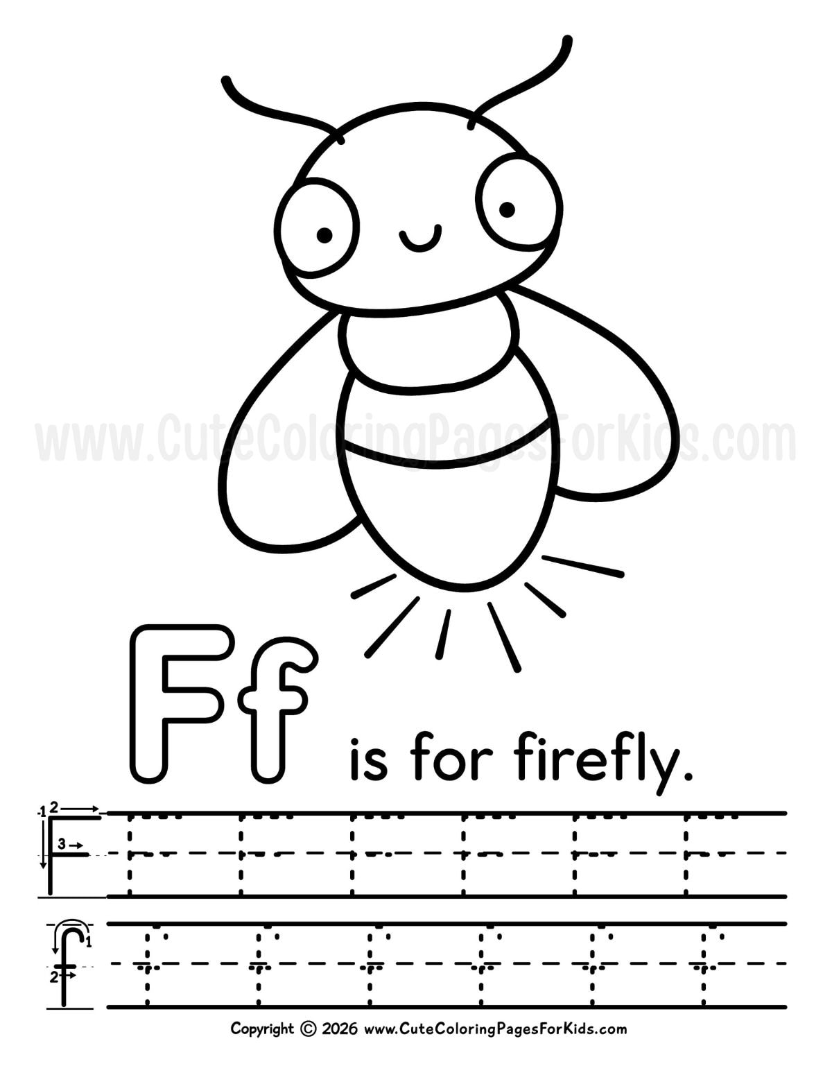 F is for Firefly coloring page with letter F writing practice