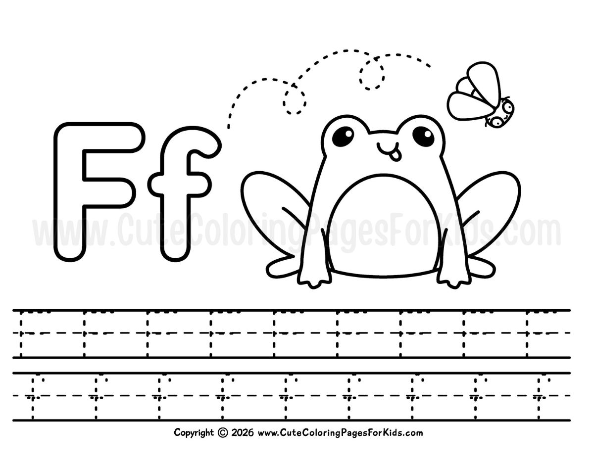 Letter F handwriting sheet with illustration of a frog watching a fly
