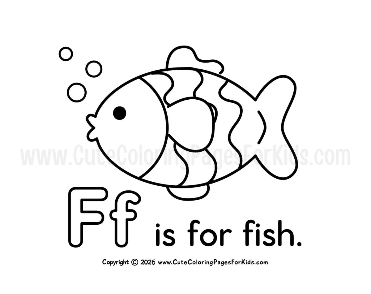picture of a fish to color with the words "Ff is for fish"