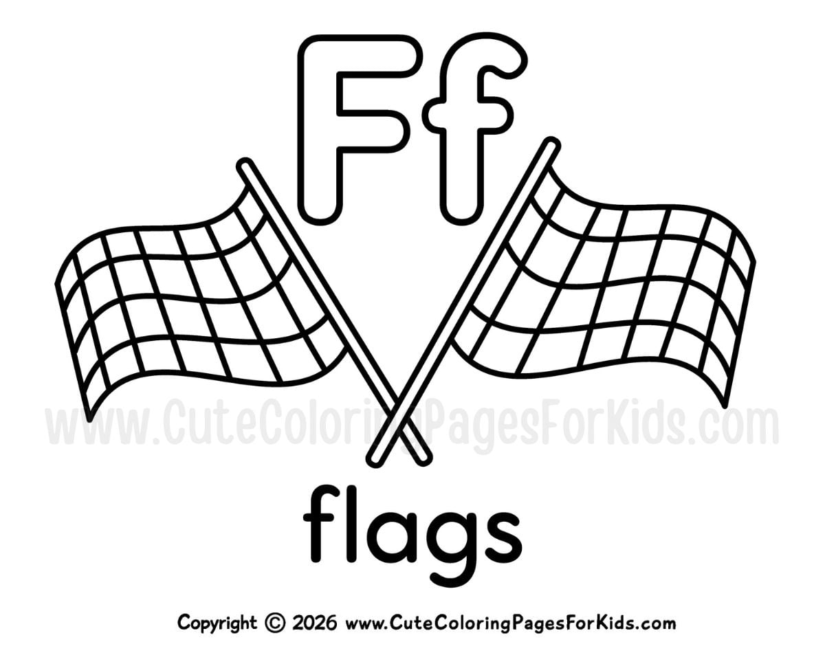 letter F coloring page with line drawing of racing flags and the letter F in upper and lowercase