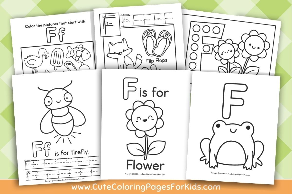 preview image of letter F coloring pages, featuring 6 designs from cutecoloringpagesforkids.com