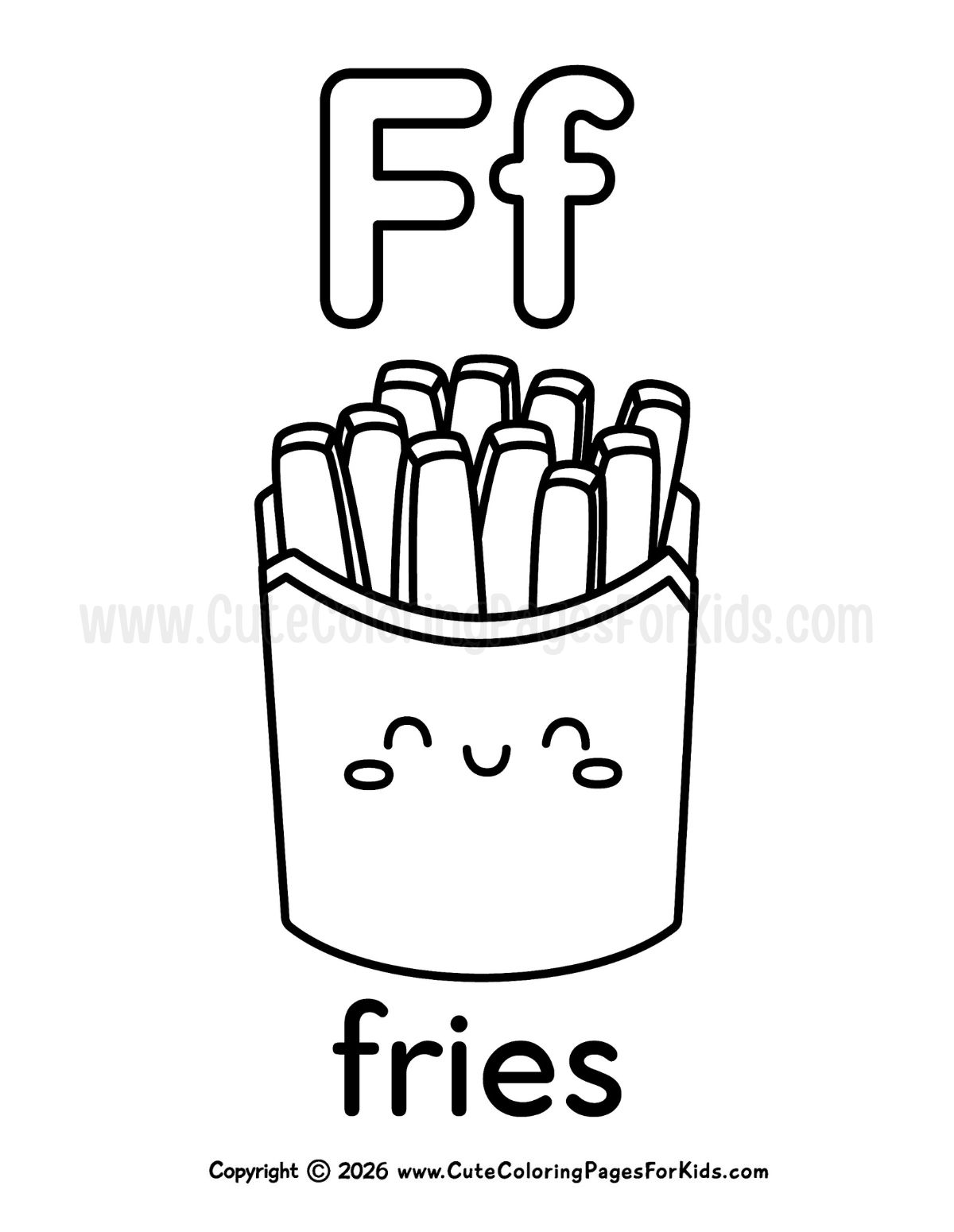 Letter F coloring sheet with illustration of french fries and the word Fries