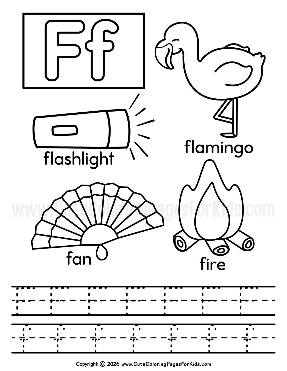 Letter F coloring page with a flamingo, flashlight, fan, and a fire, plus dashed letter F lines to trace