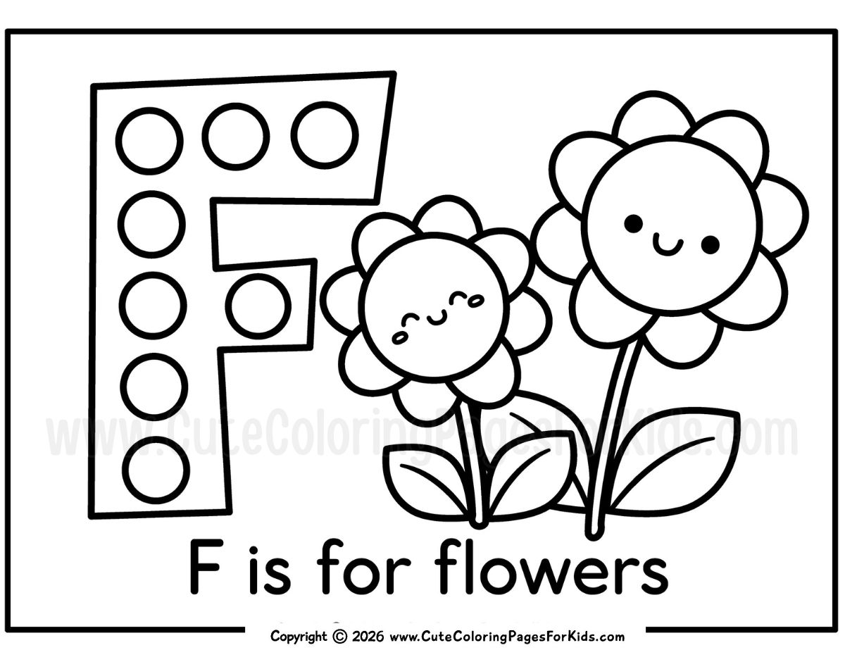 coloring page that has a letter F with dot marker dots and flowers to color