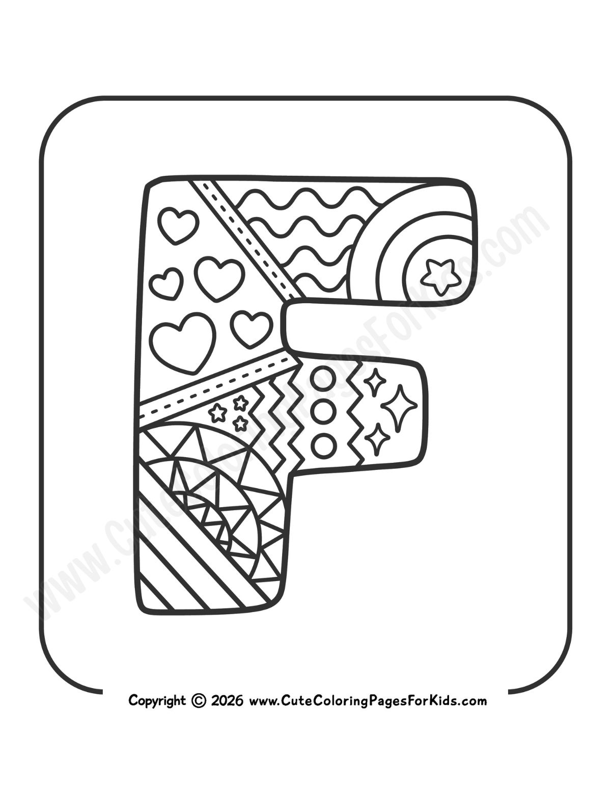 decorative letter F coloring page with doodle patterns