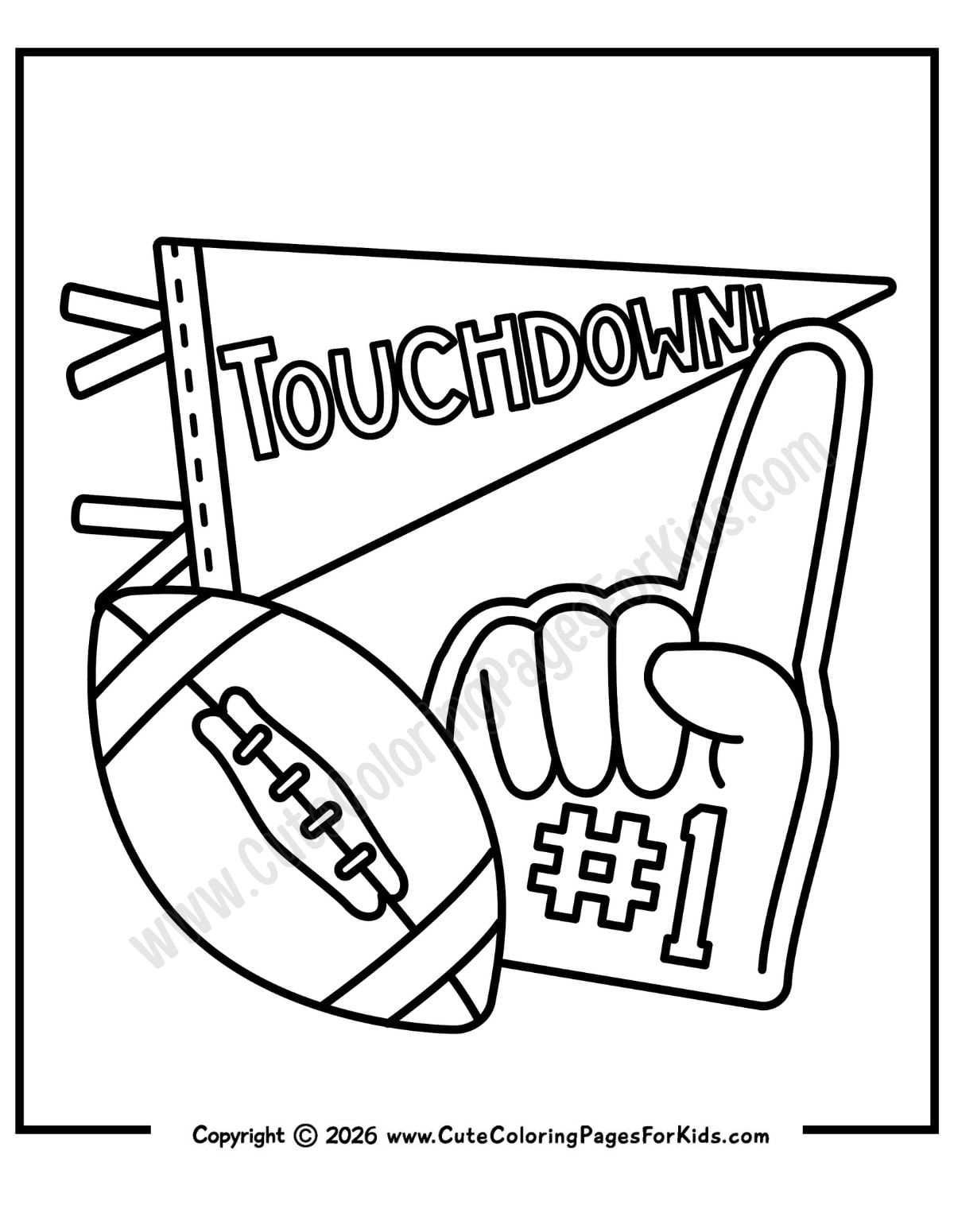 football themed coloring page with drawings of a pennant with the word Touchdown, a foam finger, and a football