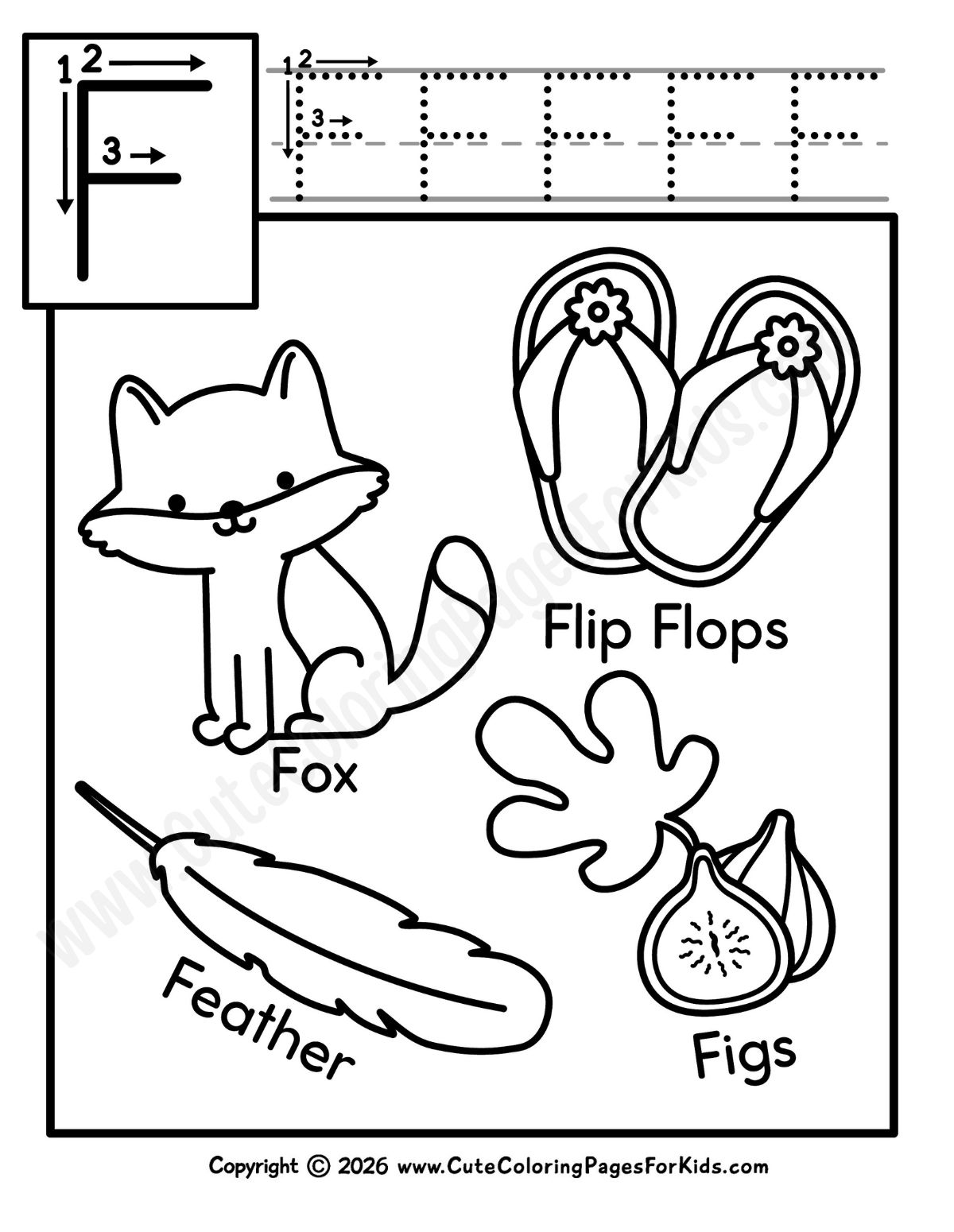 Letter F sheet for kids with uppercase letter tracing and an fox, flip flops, figs, and a feather to color