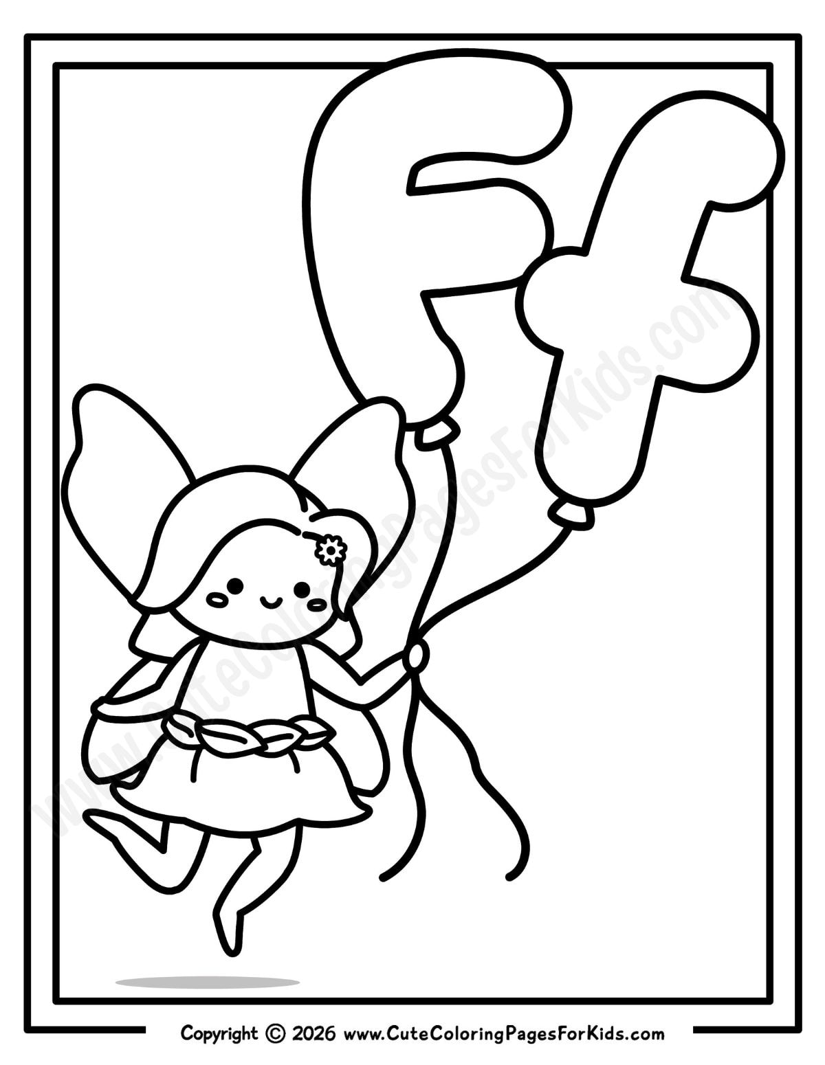 Letter F coloring sheet with a cute and simple illustration of a fairy holding upper and lowercase F shaped balloons
