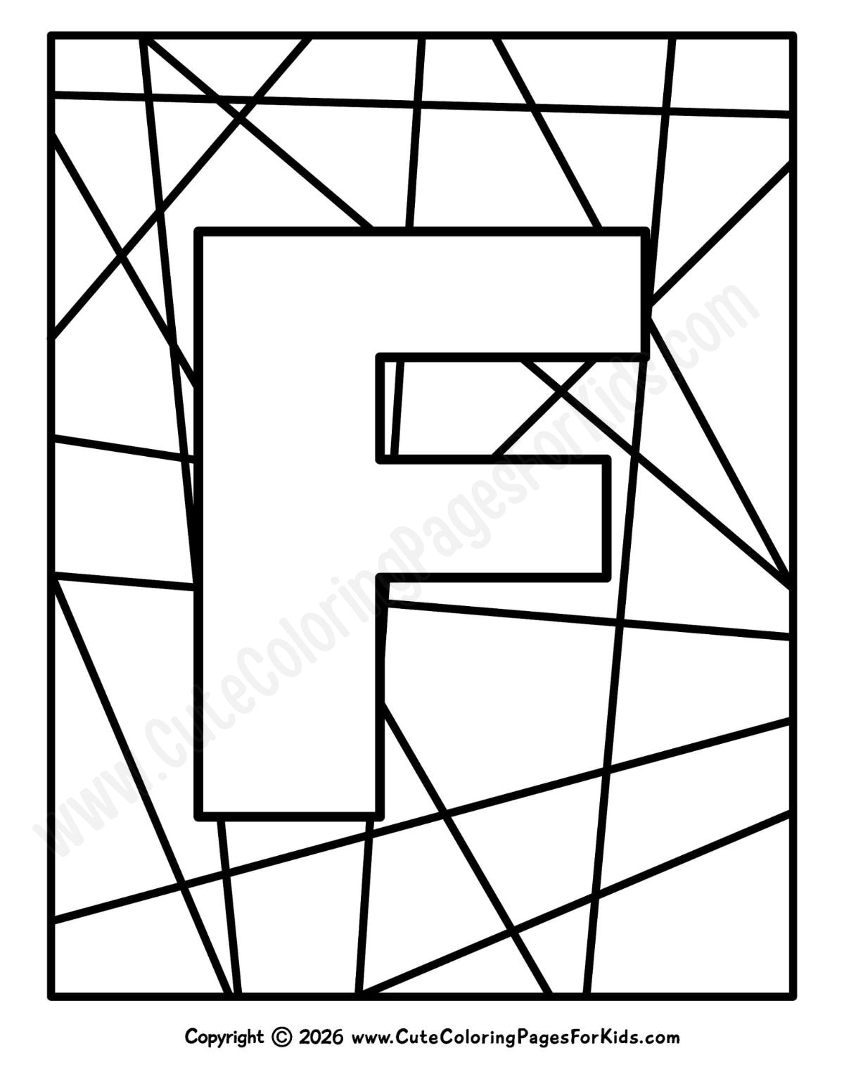 coloring sheet with big letter F and geometric shapes in the background