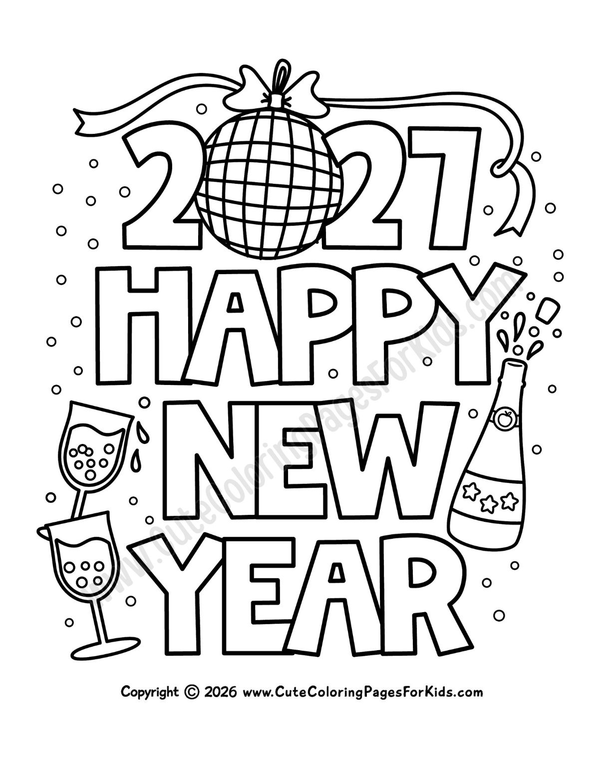 2027 Happy New Year coloring sheet with disco ball and bubbly drinks