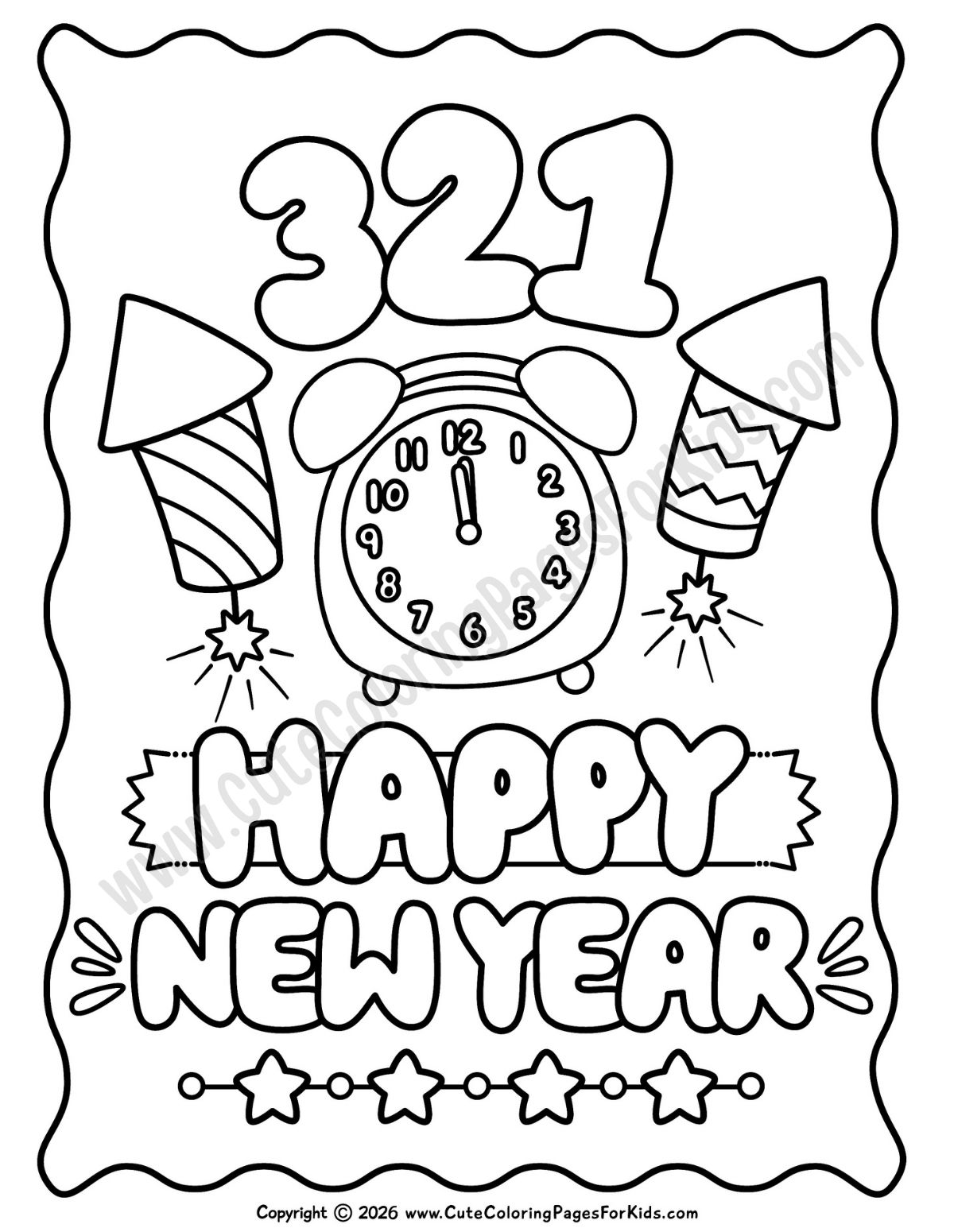 simple new year's eve coloring sheet with 3,2,1 and alarm clock at 12