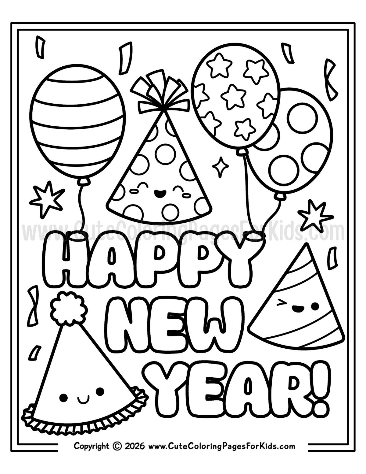 Happy New Year coloring sheet filled with patterned balloons and party hats to color