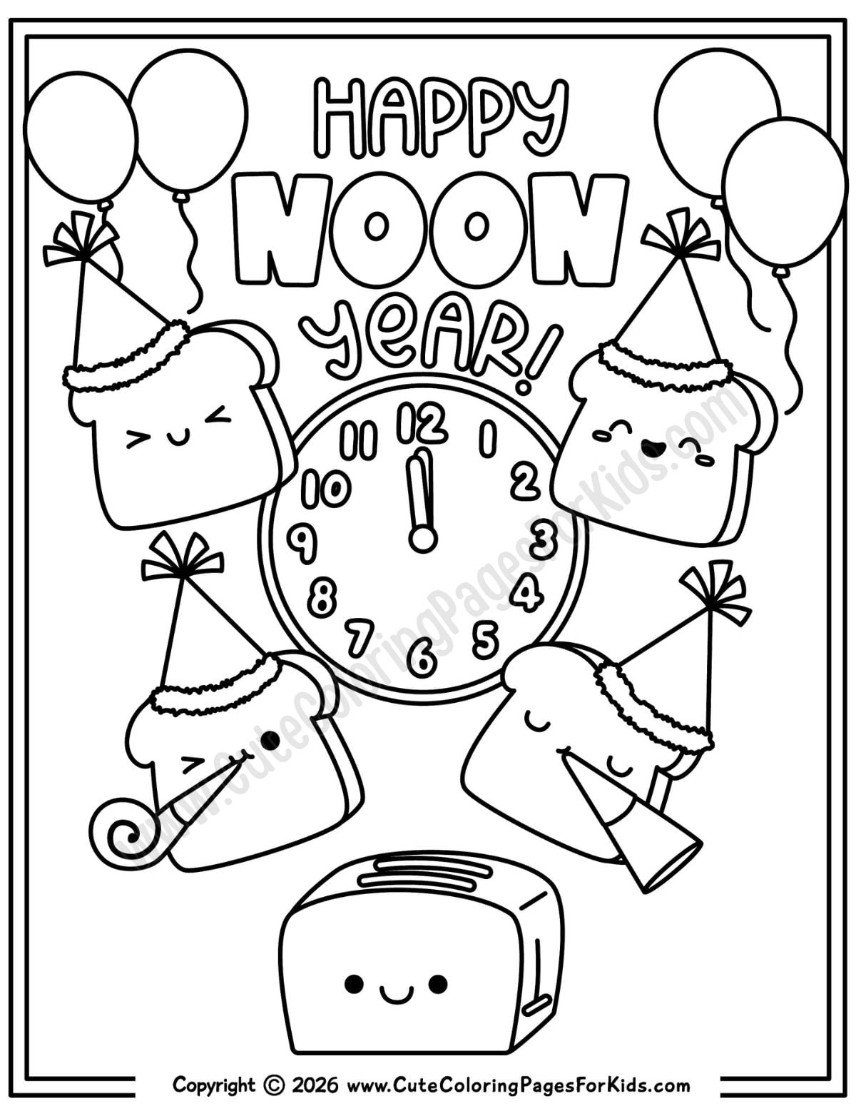Happy Noon Year coloring page with clock illustration at 12 o-clock and cute toasts wearing party hats