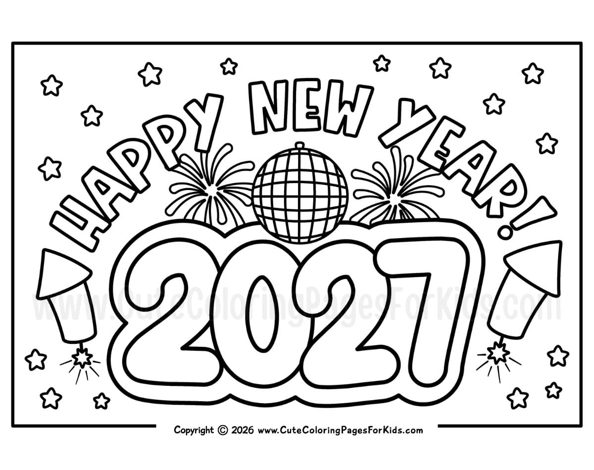 New Year's Eve coloring page for 2027 with disco ball, fireworks, and stars