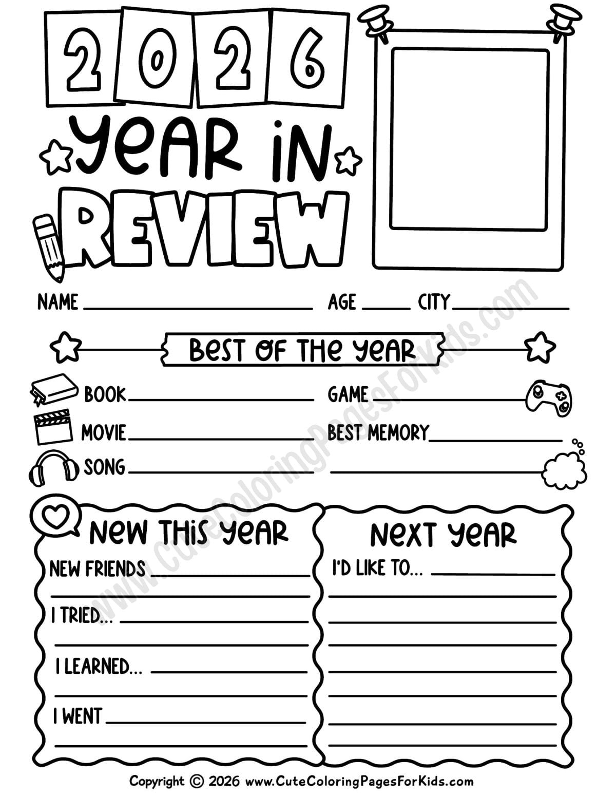 Year in Review worksheet for kids for the year 2026 with fill in the blanks and illustrations